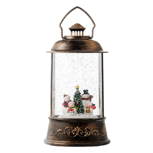 Vintage bronze Christmas lantern with snowman family and swirling snow glitter