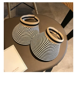 Detail of striped straw sun visors with black and white edges on a leather background