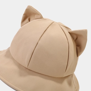 Khaki cotton bucket hat with cute fox ear design and durable twill fabric texture