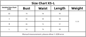 Detailed size guide table for backless bow halter top showing XS to L measurements