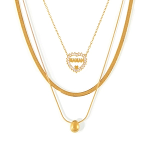 Three-layer gold stainless steel necklace set with heart MAMAN pendant and snake chain
