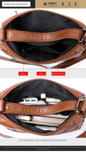 Detail view of large capacity multi-compartment interior for brown faux leather crossbody bag