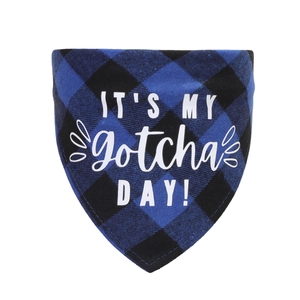 Detail of blue plaid cotton dog bandana with white It's My Gotcha Day printing
