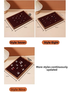 Walnut wood jewelry tray with velvet lining showing three layout styles for rings and watches