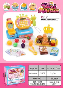 Detail view of colorful toy cash register set with scanner, food items and sound features
