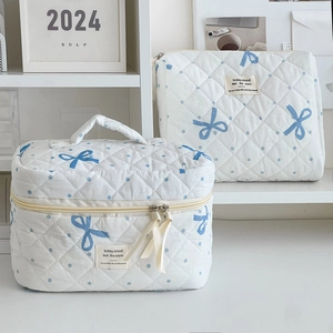 Quilted Cotton Makeup Bag Blue Bow Polka Dot Toiletry Organizer Handbag Travel Cosmetic Storage For Women