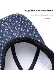 Detail of the soft cotton sweatband inside the sequin denim baseball cap