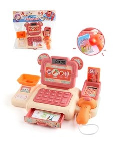 Detail of pink toy cash register showing scanner function and English packaging