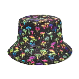 Unisex μαύρο καπέλο bucket με ζωντανά μοτίβα νέον μανιταριών σε ψυχεδελικό καλλιτεχνικό στυλ