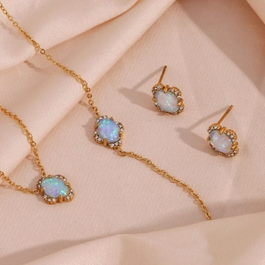 Vintage Stainless Steel Gold Plated Jewelry Set For Women Artificial Opal Rhinestone Petal Pendant Necklace Bracelet Earrings