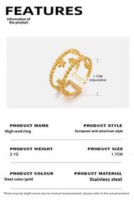 Detail of adjustable 18K gold plated stainless steel star ring with bead chain structure