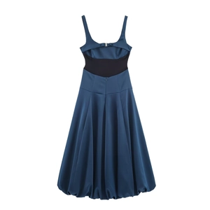 Fashionable dark blue midi balloon dress with black back panel and glossy satin finish