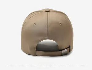 Rear view of khaki cotton baseball cap showing dark grey metal adjustable buckle