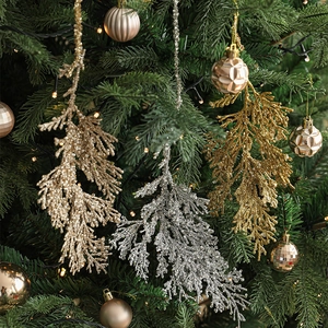 Christmas Tree Hanging Branch Ornaments Glitter Plastic Cypress Leaf Pendants Shimmering Festive Decoration Home Party