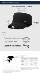 Detailed size chart for men's wool flat cap showing measurements and head circumference guide