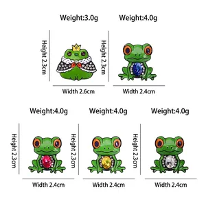 Set of 5 frog enamel pins with colorful crystals, showing dimensions and weight details