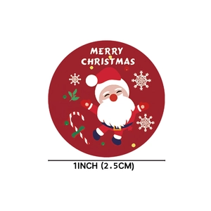Detail of 1-inch red Christmas sticker featuring Santa Claus and Merry Christmas text