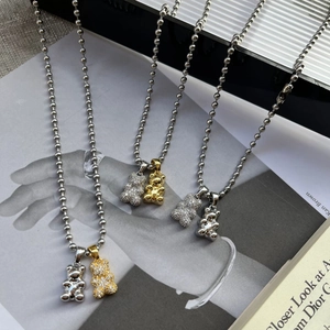Cute Bear Pendant Necklace Stainless Steel Zircon Inlaid Ball Chain Fashion Jewelry For Women