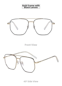 Front and 45-degree angle detail of double-bridge gold and black polygon metal glasses