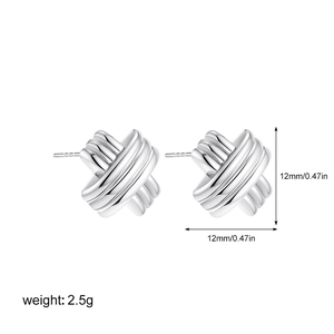 Detail view of silver crossover X knot earrings with 12mm size and 2.5g weight info