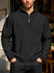 Close-up of black fleece sweatshirt with half-zip collar and textured fabric detail