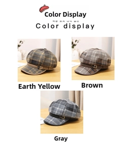 Detailed color display of wool plaid newsboy caps in mustard, brown, and grey tones