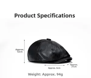 Detailed size chart of black PU leather newsboy hat showing dimensions and 12cm height