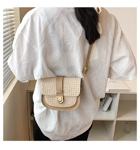 Detail of retro woven saddle bag with leather trim and gold buckle on a model