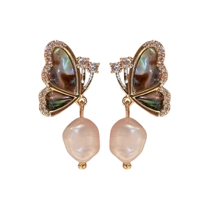 Vintage zircon butterfly earrings with baroque pearls and gold-plated shell details