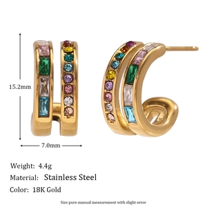 18K gold plated double layer C-shaped stainless steel earrings with colorful zircon