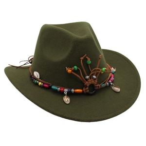 Detail of olive green cowboy hat with ethnic beads, shells and leather cord