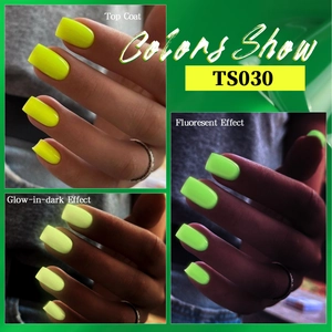 Three-in-one nail gel polish TS030 showing top coat, fluorescent and luminous effects