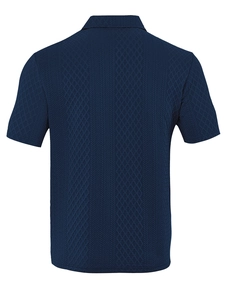 Detailed rear view of navy blue polo shirt showing geometric diamond jacquard knit texture