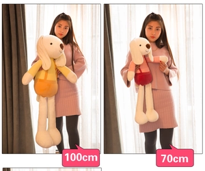 Size comparison of 70cm and 100cm plush long-eared rabbit dolls in pink and yellow