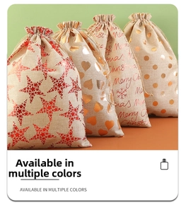 Close-up of burlap Christmas drawstring bags featuring festive stars and heart patterns