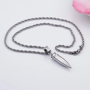 Polished silver stainless steel bullet pendant necklace with a small zircon on rope chain