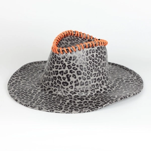 Close-up of leopard print cowboy hat with orange woven stitching detail and grey felt texture