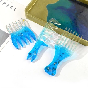 Three-piece DIY resin hair comb set with blue glitter and gold foil accents