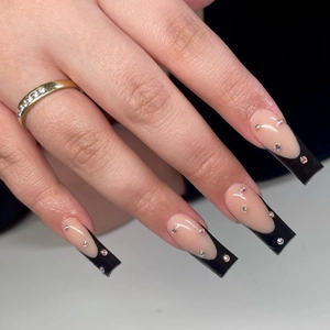 Long Press On Nails French Black Tip Square False Nails With Rhinestone Nude Pink Wearable Manicure For Women