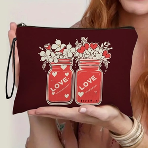 Heart Flower Print Cosmetic Bag Imitation Linen Toiletry Pouch With Wristlet Strap Travel Makeup Organizer For Women