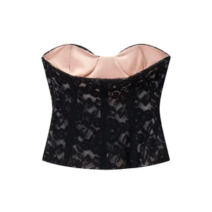 Corset pour femme en dentelle noire et satin rose avec un design bustier vintage