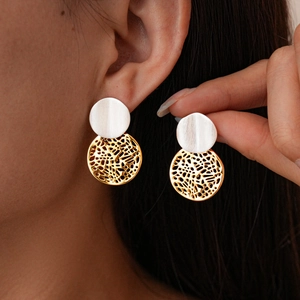 Geometric Hollow Round Drop Earrings With 925 Sterling Silver Earring Post 18K Gold Plated Two Tone Copper Jewelry Women