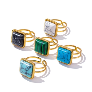 5-piece vintage adjustable ring set with colorful geometric stones and gold twist rope borders