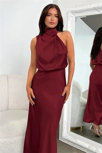 Detailed full-length view of a burgundy satin halter gown with elegant silk luster