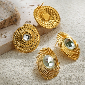 Vintage Stainless Steel Rhinestone Stud Earrings 18K Gold Plated Geometric Spiral Woven Earring For Women Elegant Jewelry