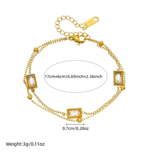 Double-layer gold stainless steel chain bracelet with sparkling square zircon crystals