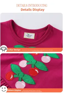 Close-up of classic round neckline and cherry embroidery on rose red cotton dress