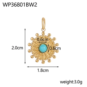 Detailed size chart for sunburst gold pendant with 0.6cm blue stone and 3.0g weight