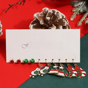 Detail of 5 pairs of Christmas earrings featuring snowman, tree and candy cane designs