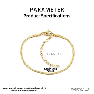 Detailed view of 18k gold plated stainless steel flat snake chain bracelet with dimensions
